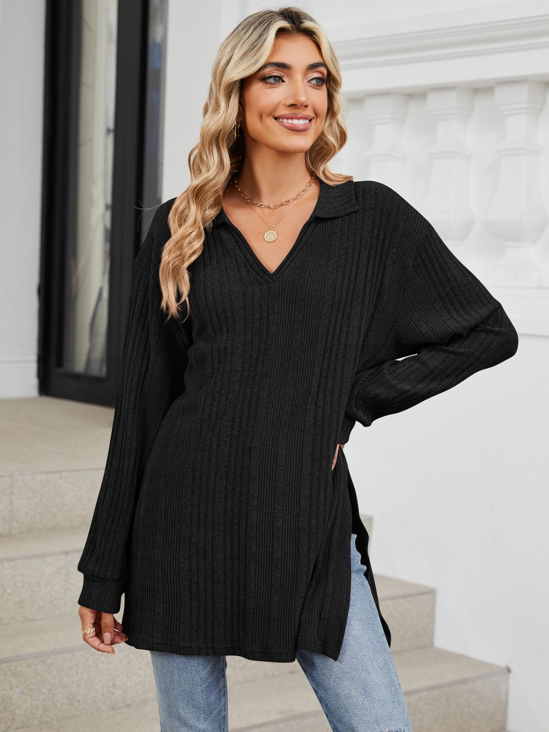 Black slit Johnny collar long sleeve t-shirt front view