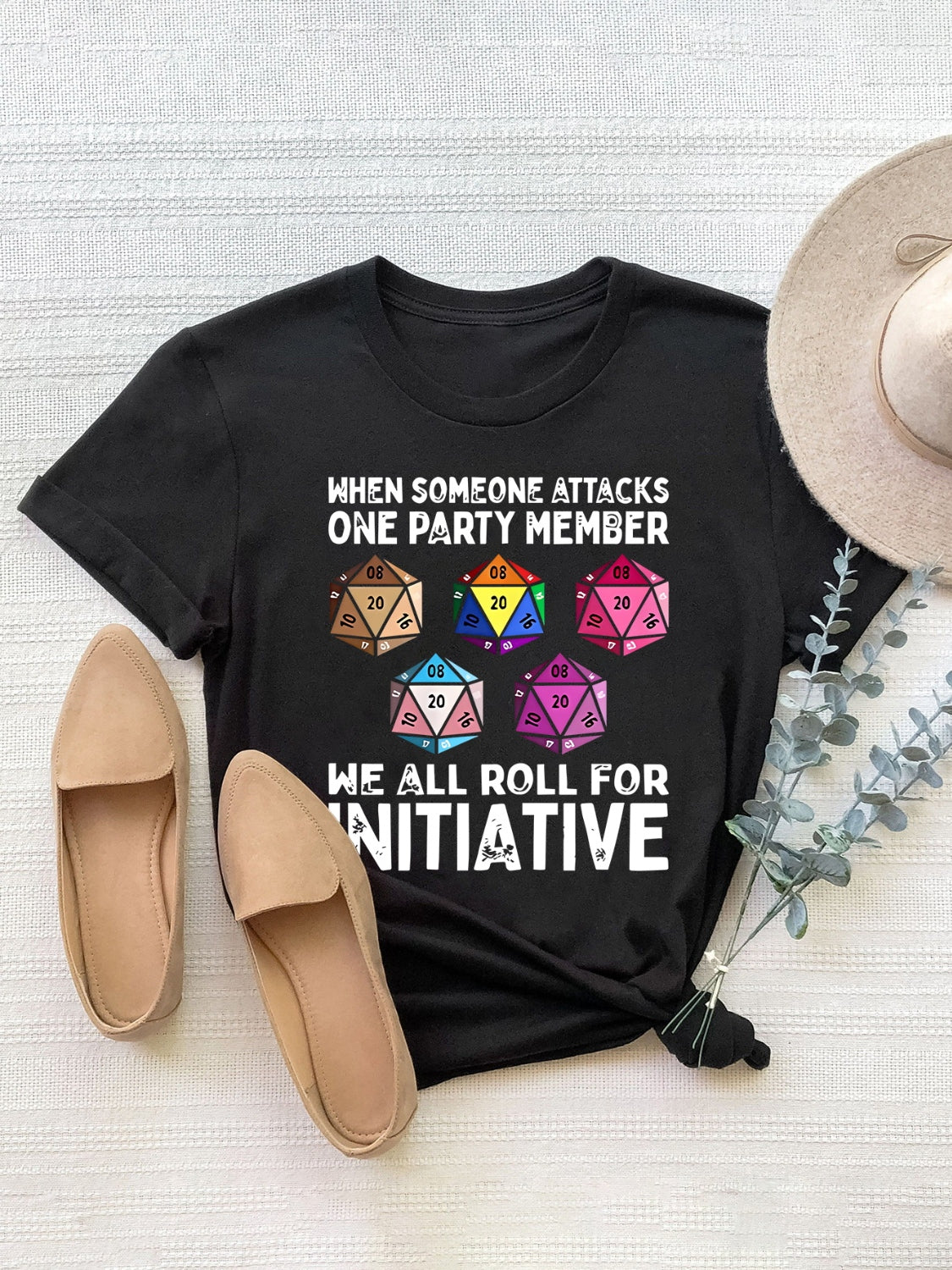 Black graphic round neck short sleeve T-shirt with dice design