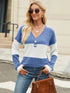 Blue color block V-neck long sleeve T-shirt front view