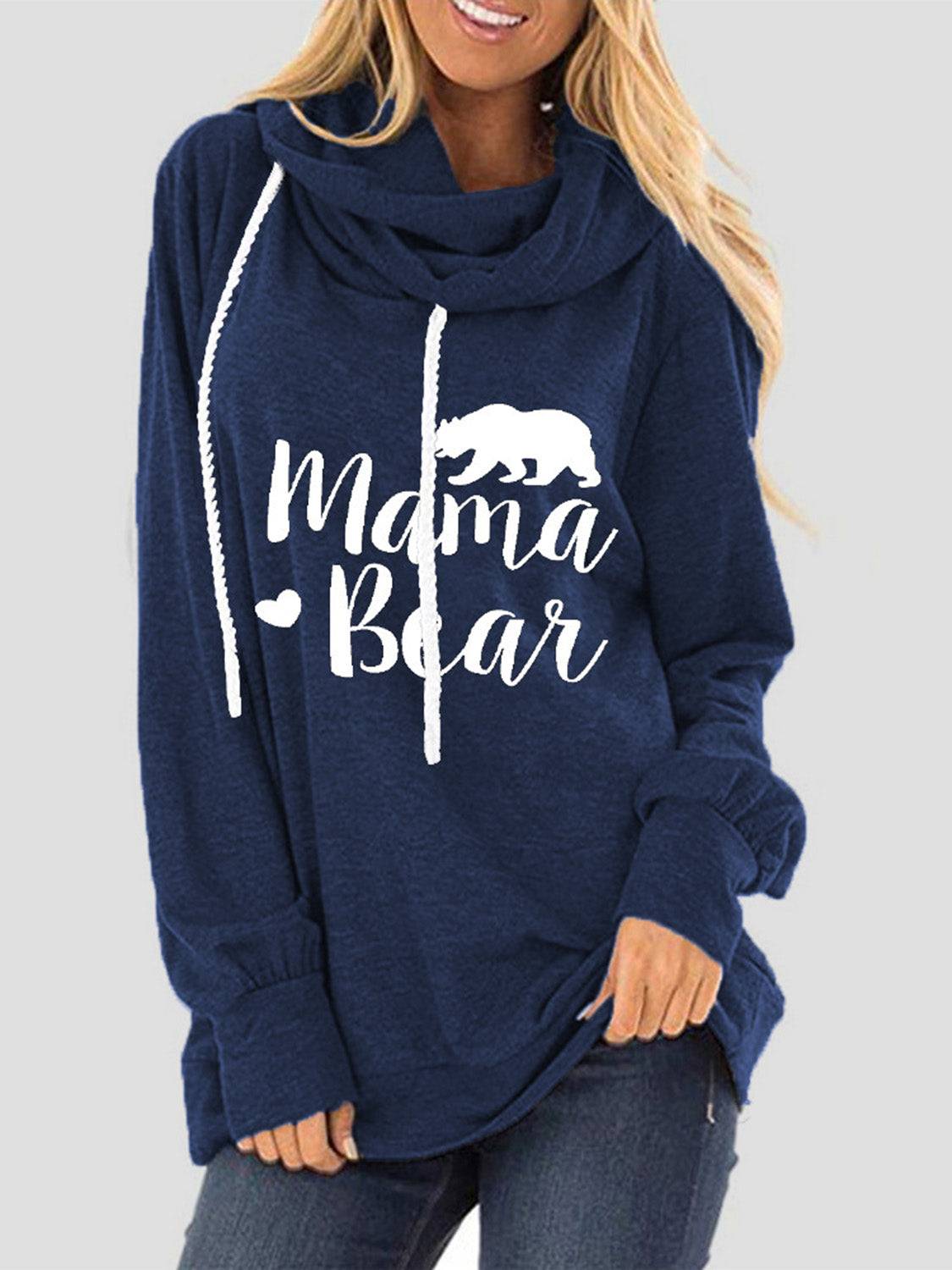 Close-up of navy Mama Bear hoodie design