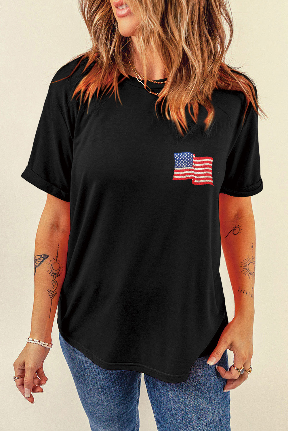 Front view of black US Flag round neck T-shirt.