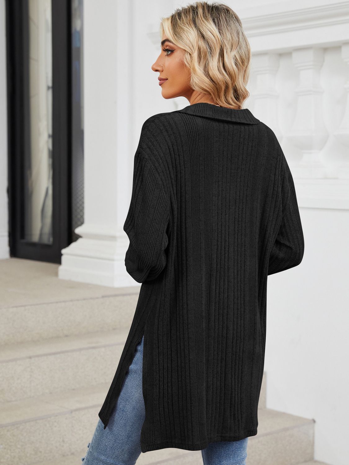 Black slit Johnny collar long sleeve t-shirt back view
