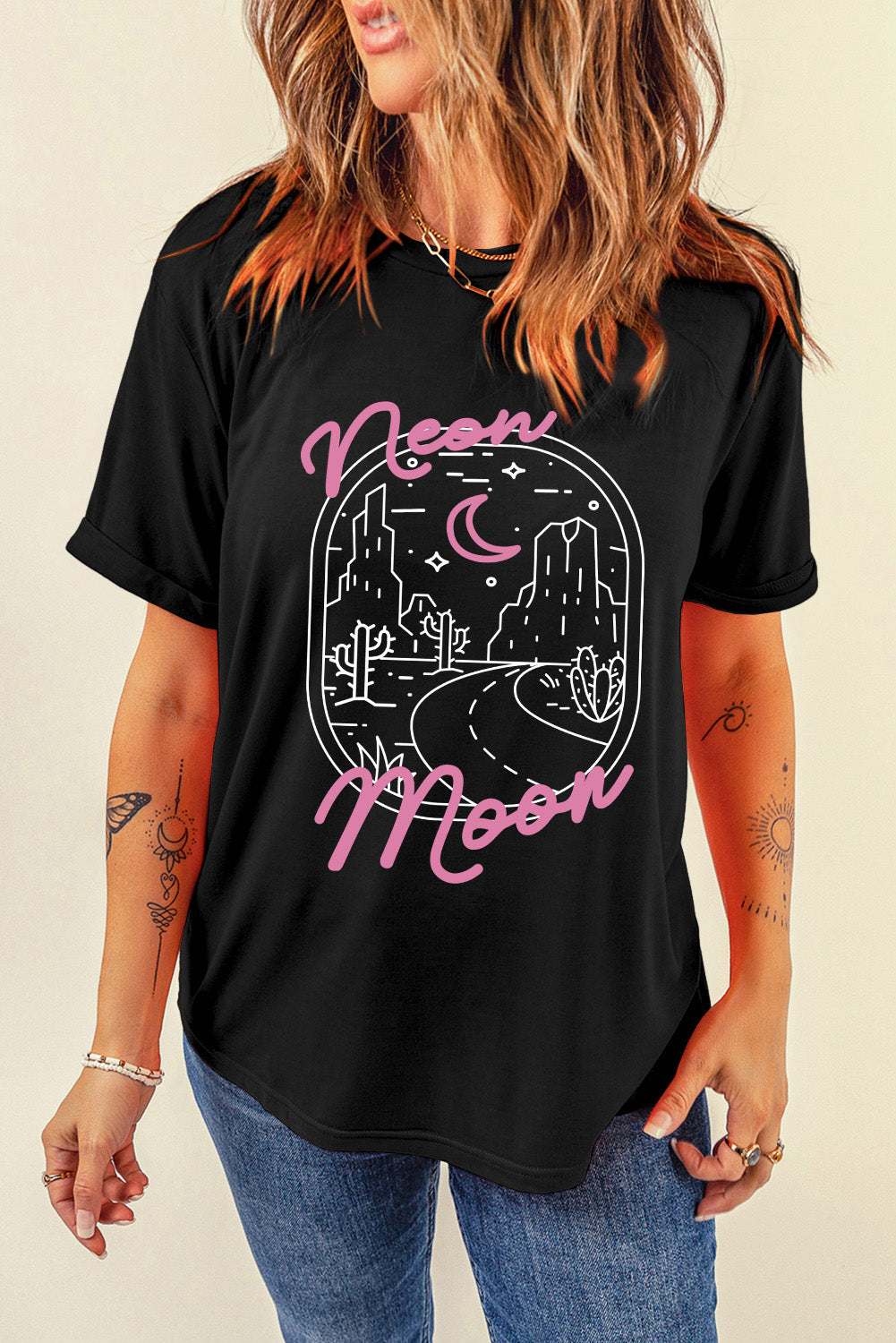 Black graphic round neck short sleeve T-shirt, front view