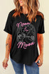Black graphic round neck short sleeve T-shirt, front view