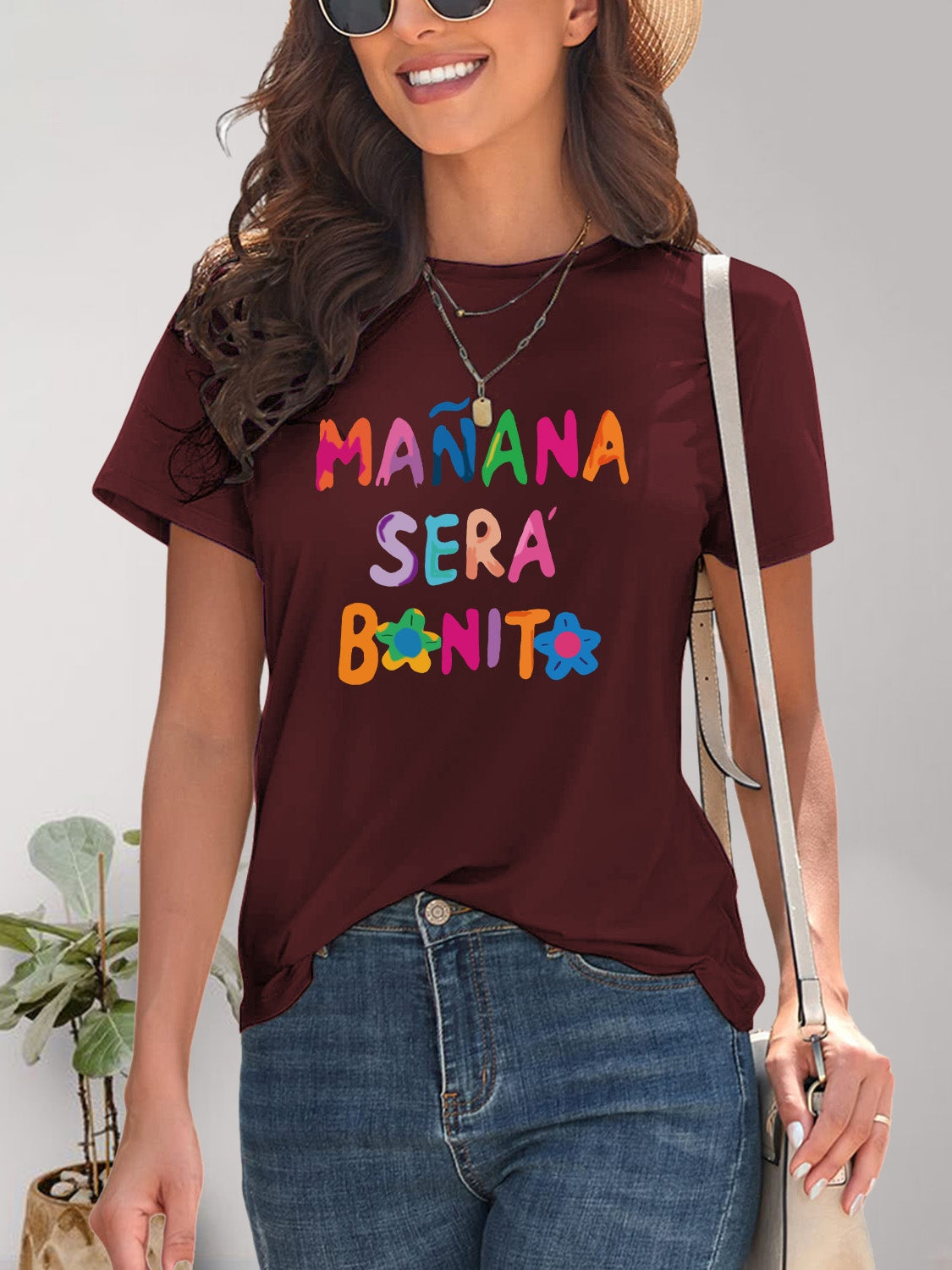 Maroon T-shirt with colorful &