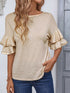 Beige round neck flounce sleeve T-shirt front view