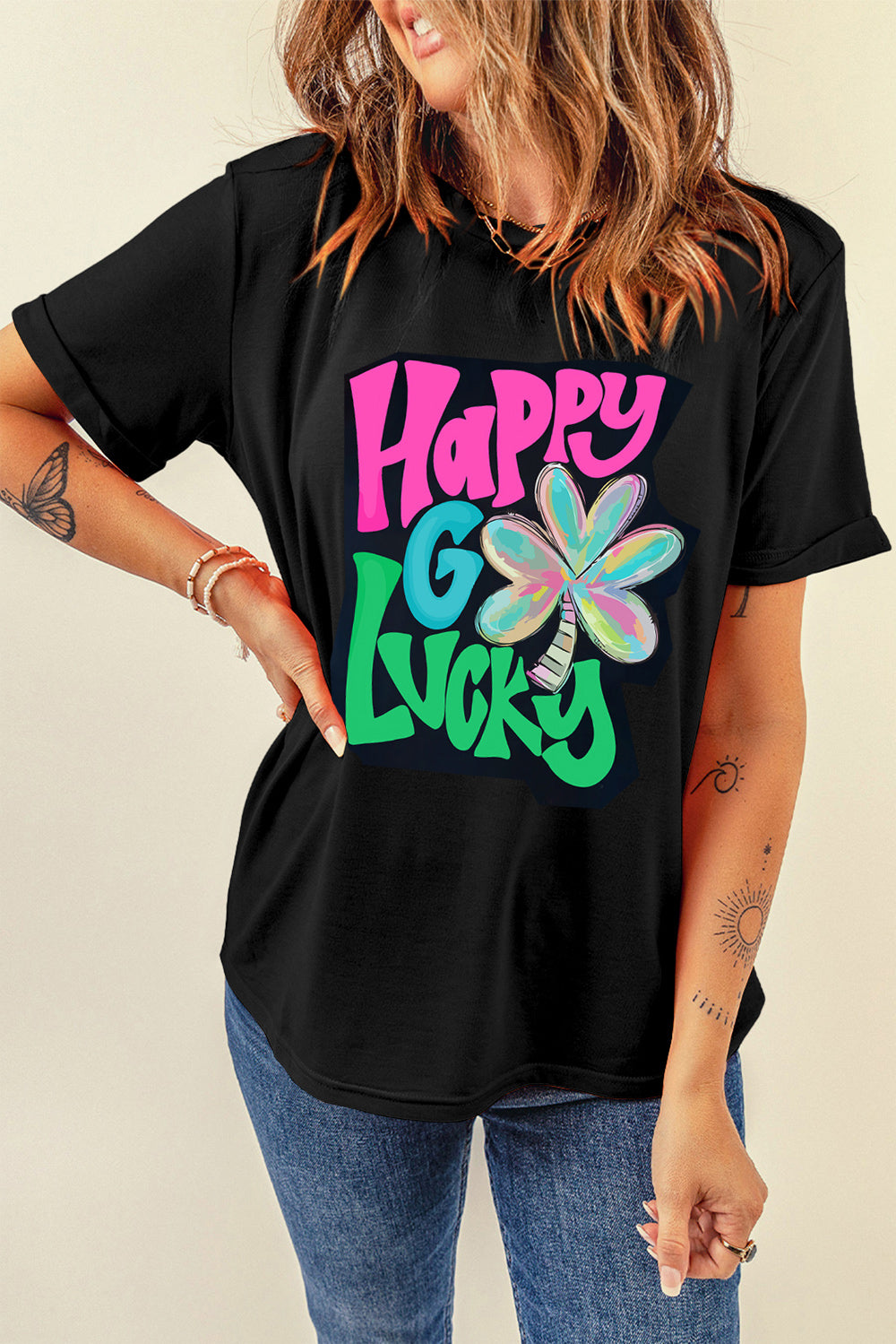 Round neck T-shirt featuring colorful letter graphic