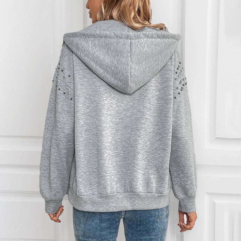 Back view of gray hoodie with rhinestone details