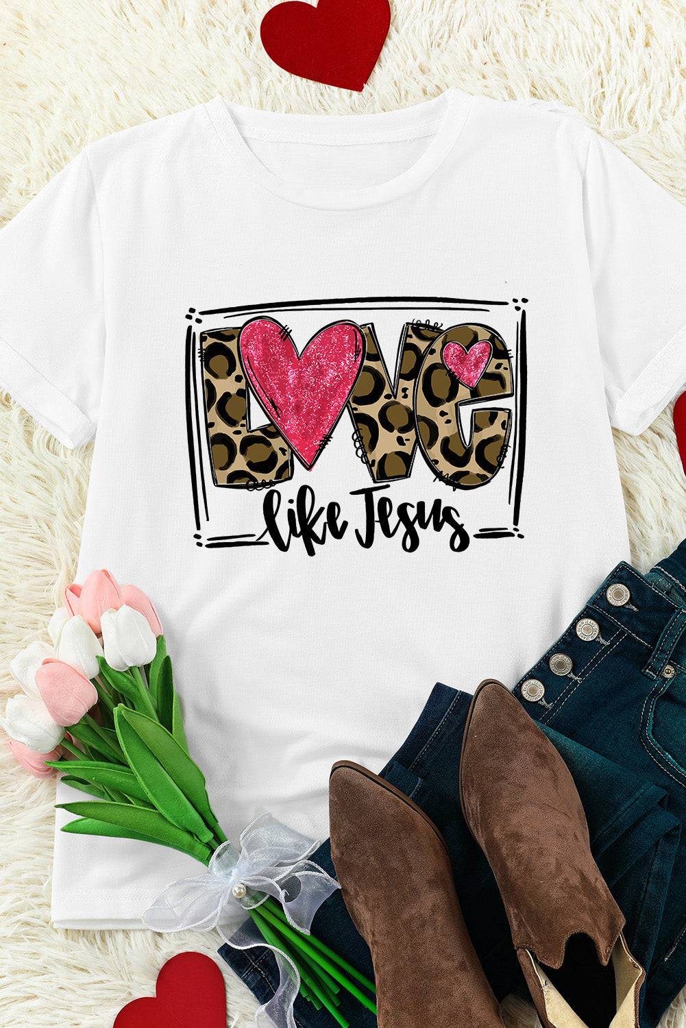 LOVE LIKE JESUS T-Shirt styled with accessories and flowers