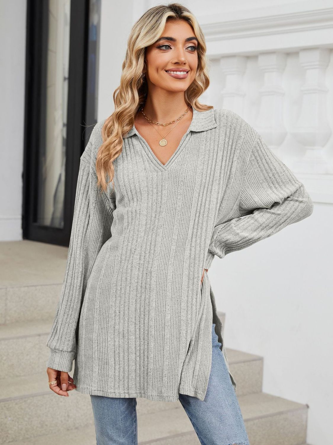 Light gray slit Johnny collar long sleeve t-shirt front view