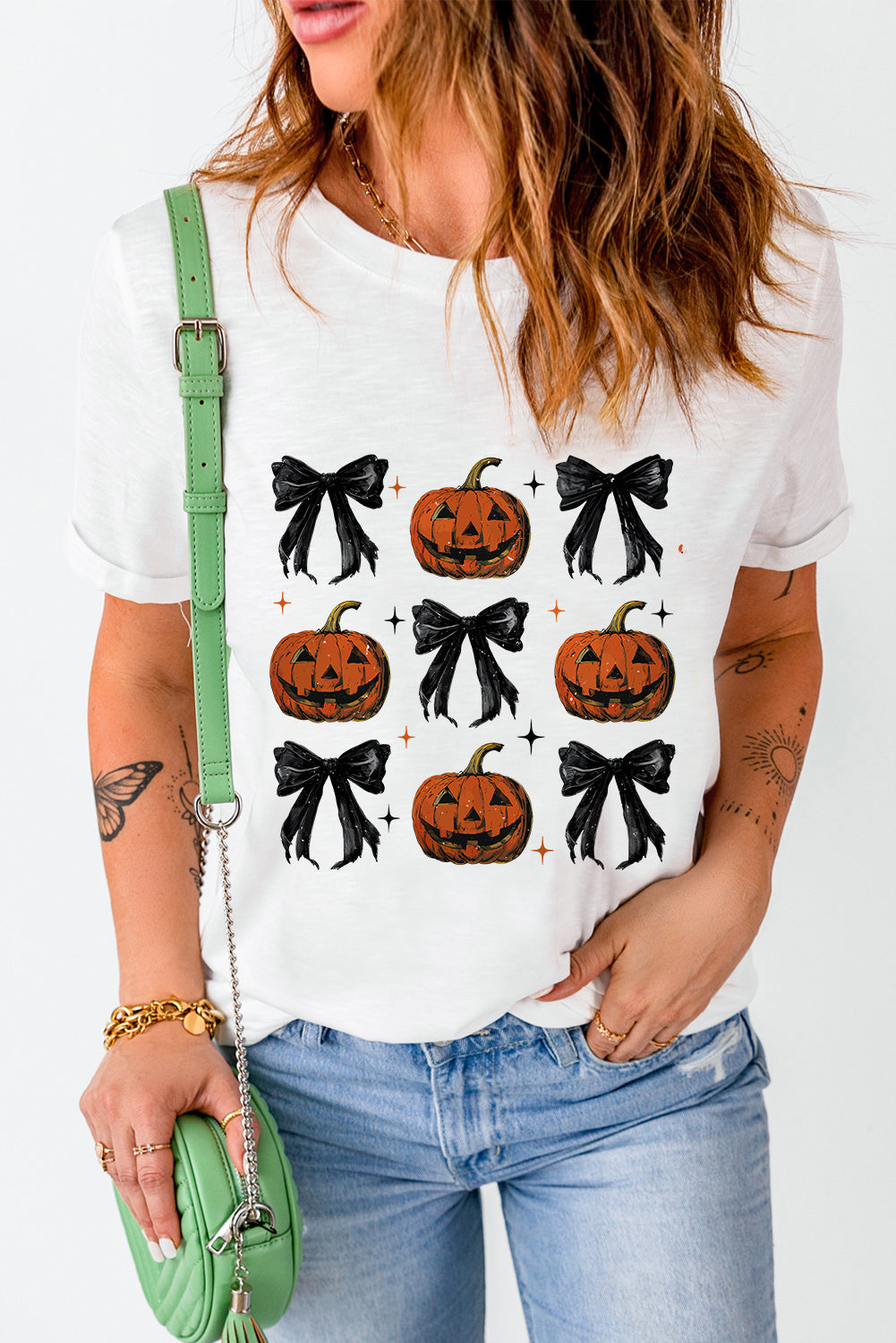 Pumpkin round neck short sleeve T-shirt with bow design