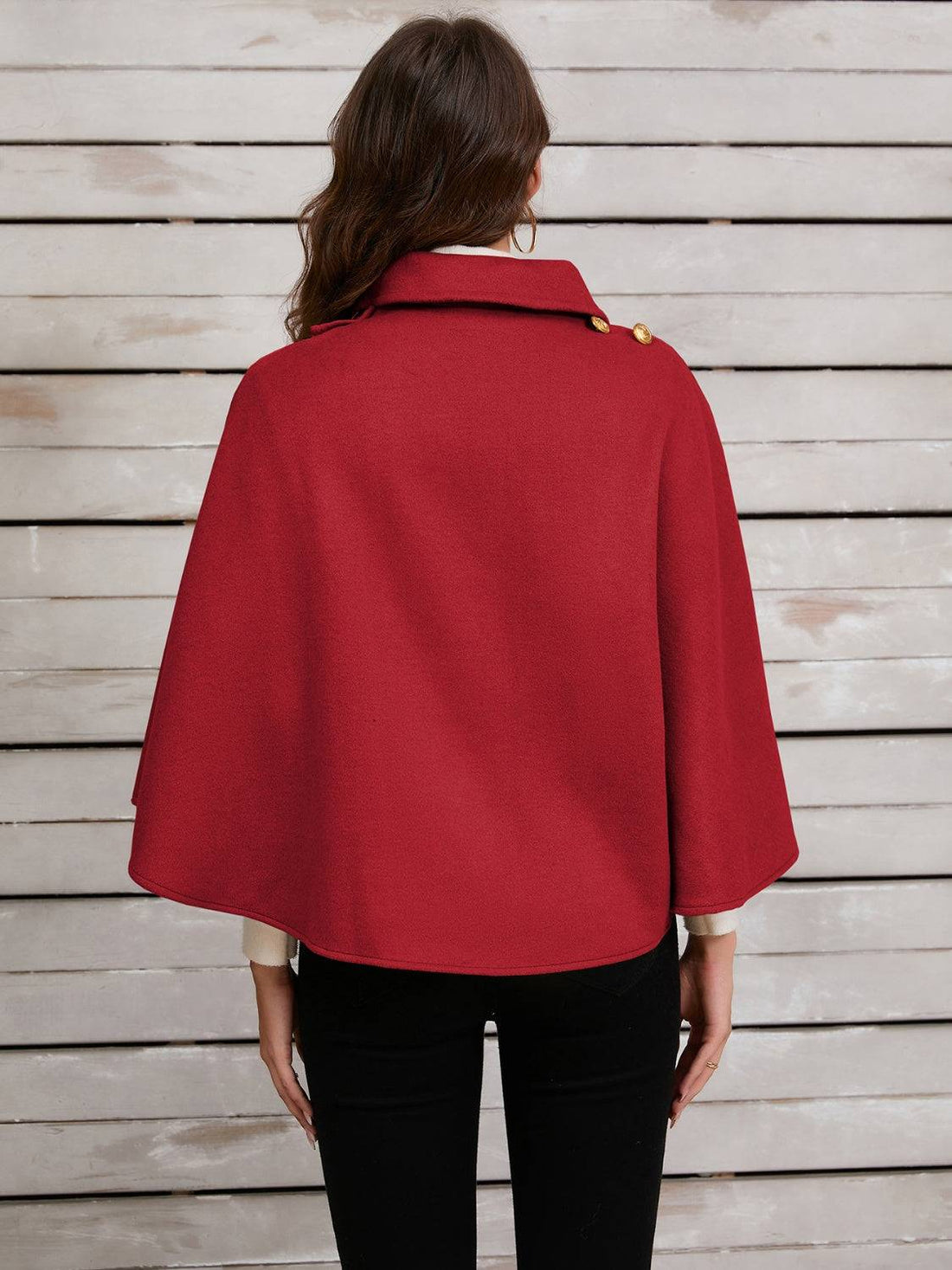 Red collared neck cropped cape, back view