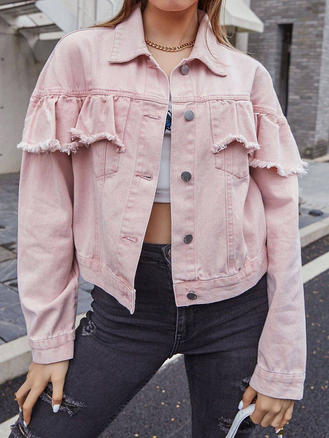 Pink denim jacket with ruffled collar and long sleeves