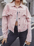 Pink denim jacket with ruffled collar and long sleeves