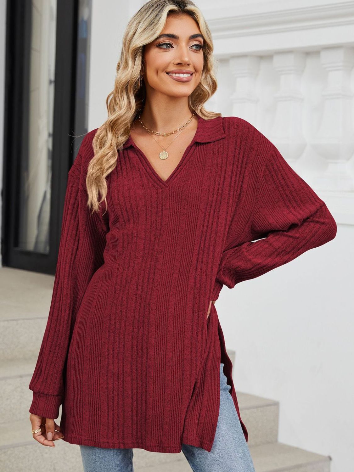 Red slit Johnny collar long sleeve t-shirt front view