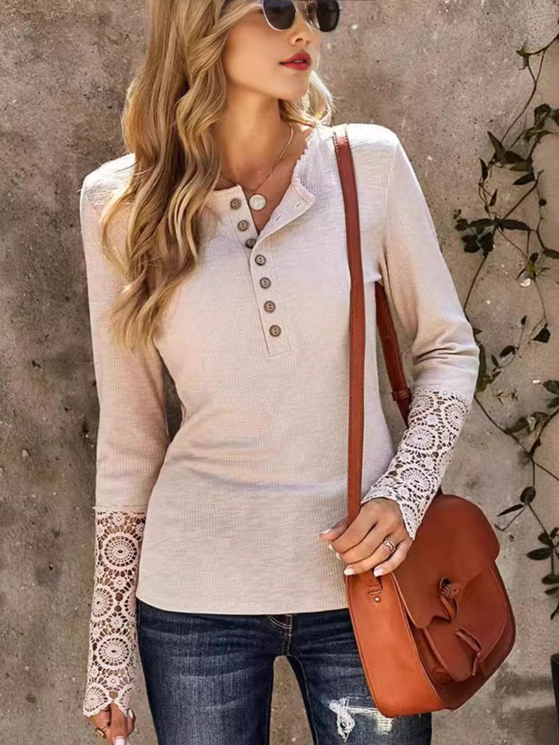 Lace detail round neck long sleeve T-shirt, styled with bag