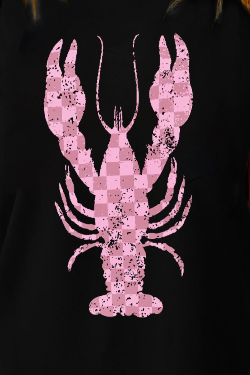Close-up of pink checkered lobster graphic on T-shirt