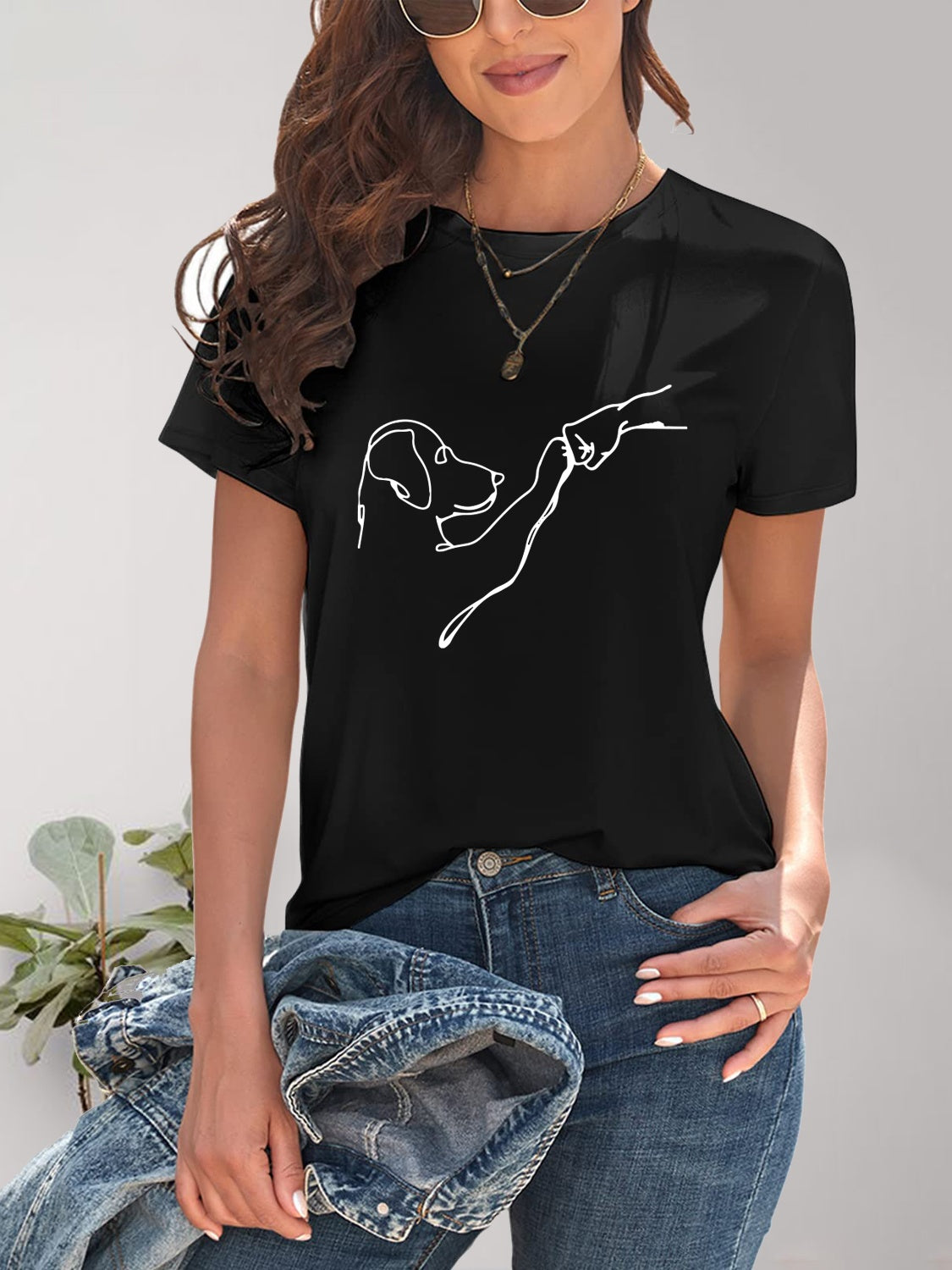 Black dog graphic round neck t-shirt front view