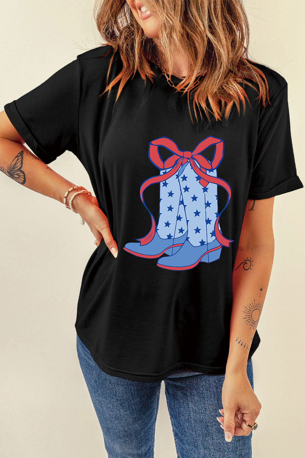 Black short sleeve T-shirt featuring boot design