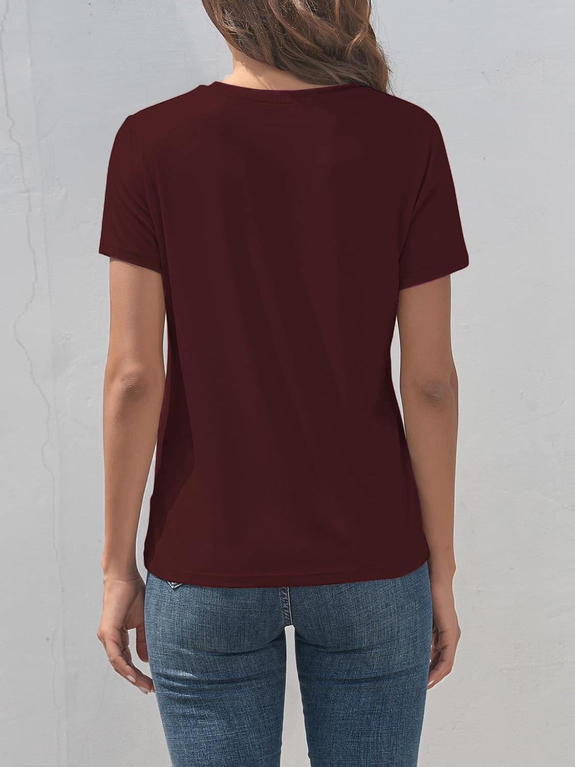 Back view of maroon round neck short sleeve T-shirt
