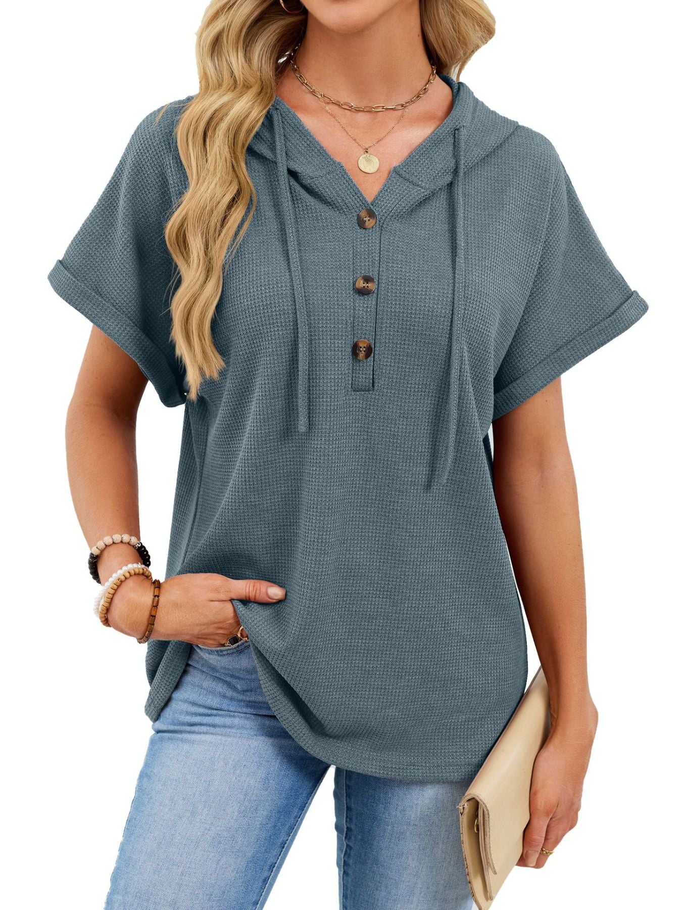 Casual Waffle Knit Button Detail Hooded Top