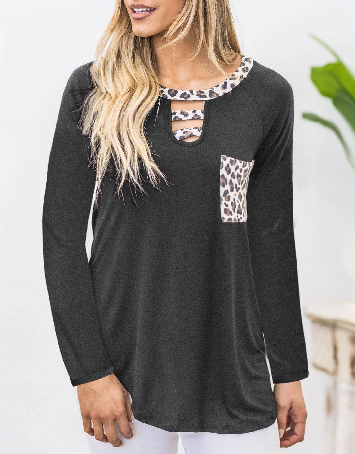 Black leopard print pocket long sleeve t-shirt