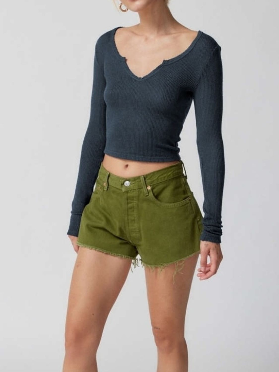 Dark blue notched long sleeve t-shirt, styled with shorts