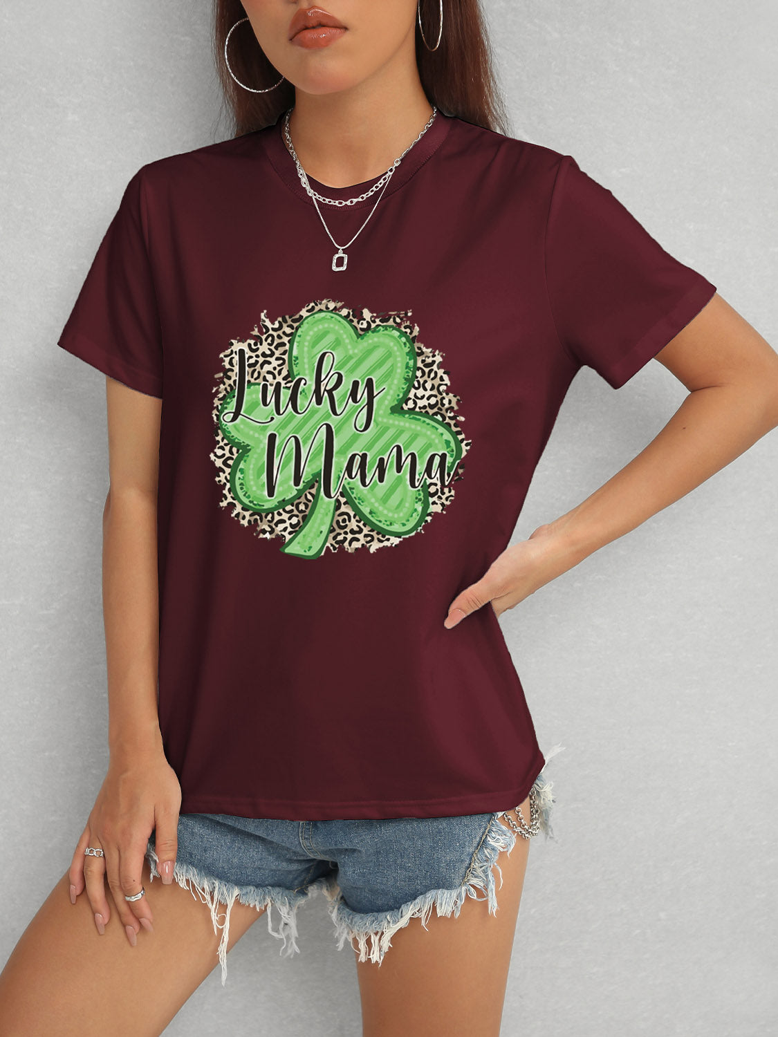 Burgundy Lucky Mama round neck t-shirt with shorts