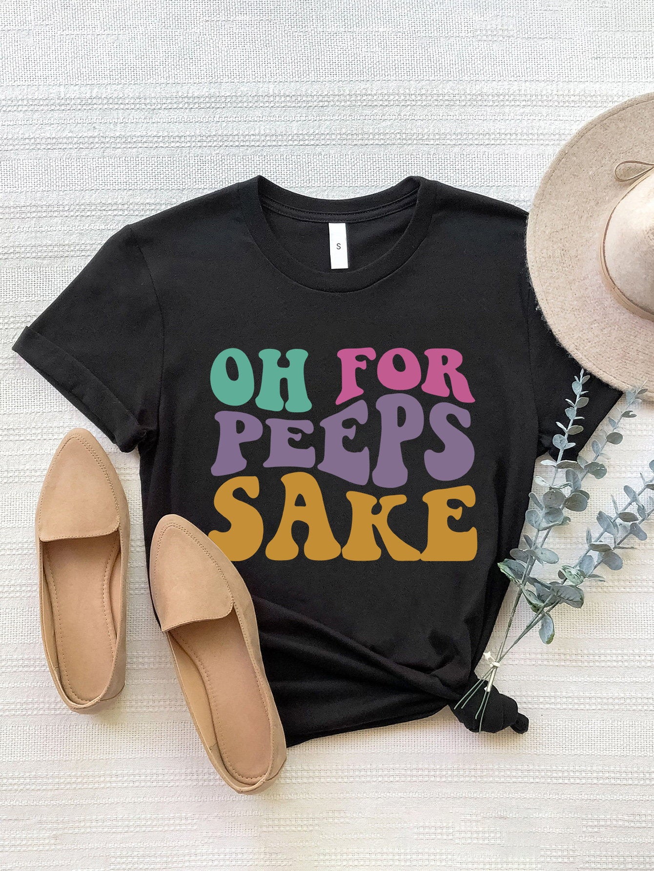 Black OH FOR PEEPS SAKE round neck t-shirt with colorful text