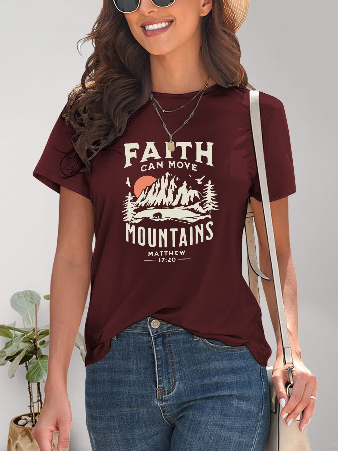Maroon graphic t-shirt with mountain design