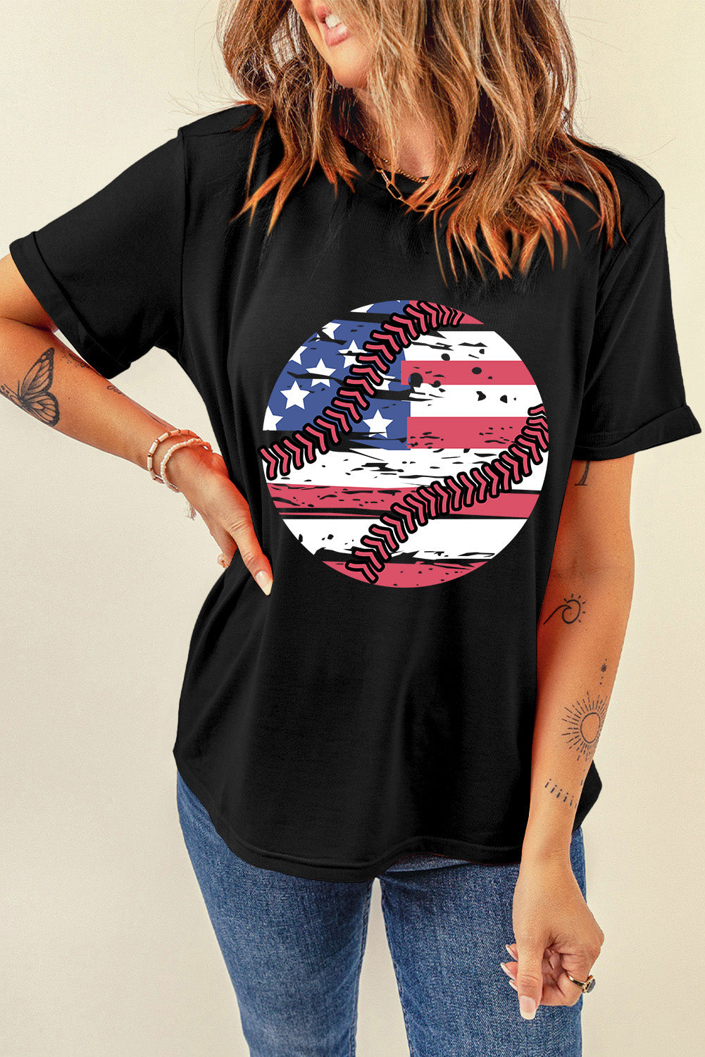 US Flag Round Neck Short Sleeve T-Shirt, angled view