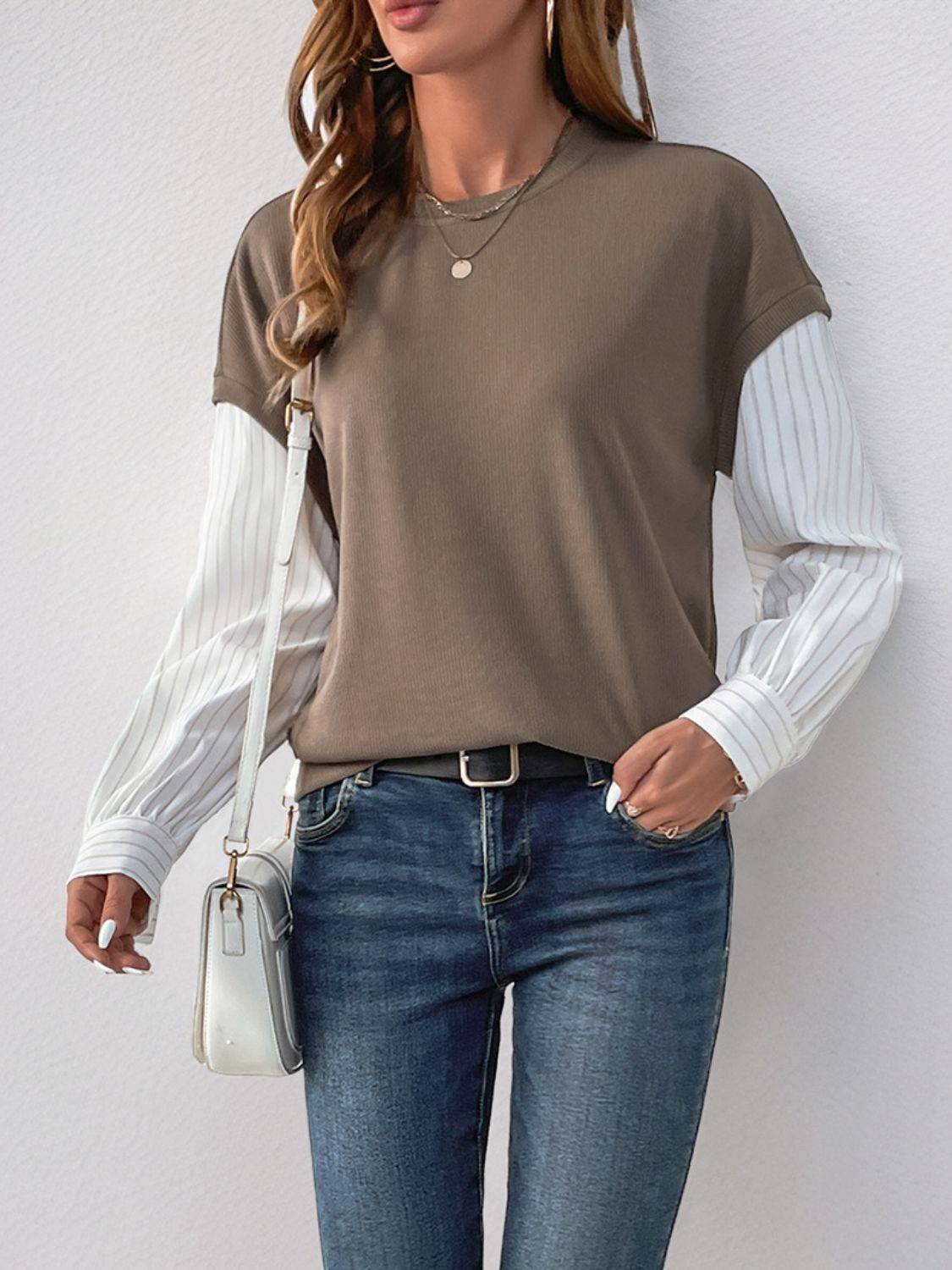 Perfee striped sleeve sweatshirt, casual outfit style
