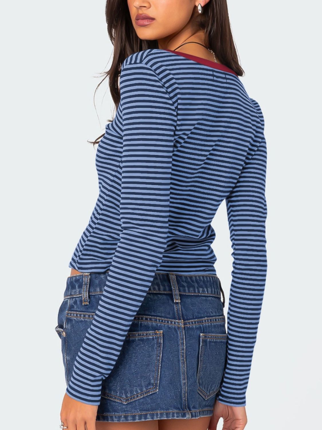 Navy and white striped long sleeve T-shirt with maroon trim