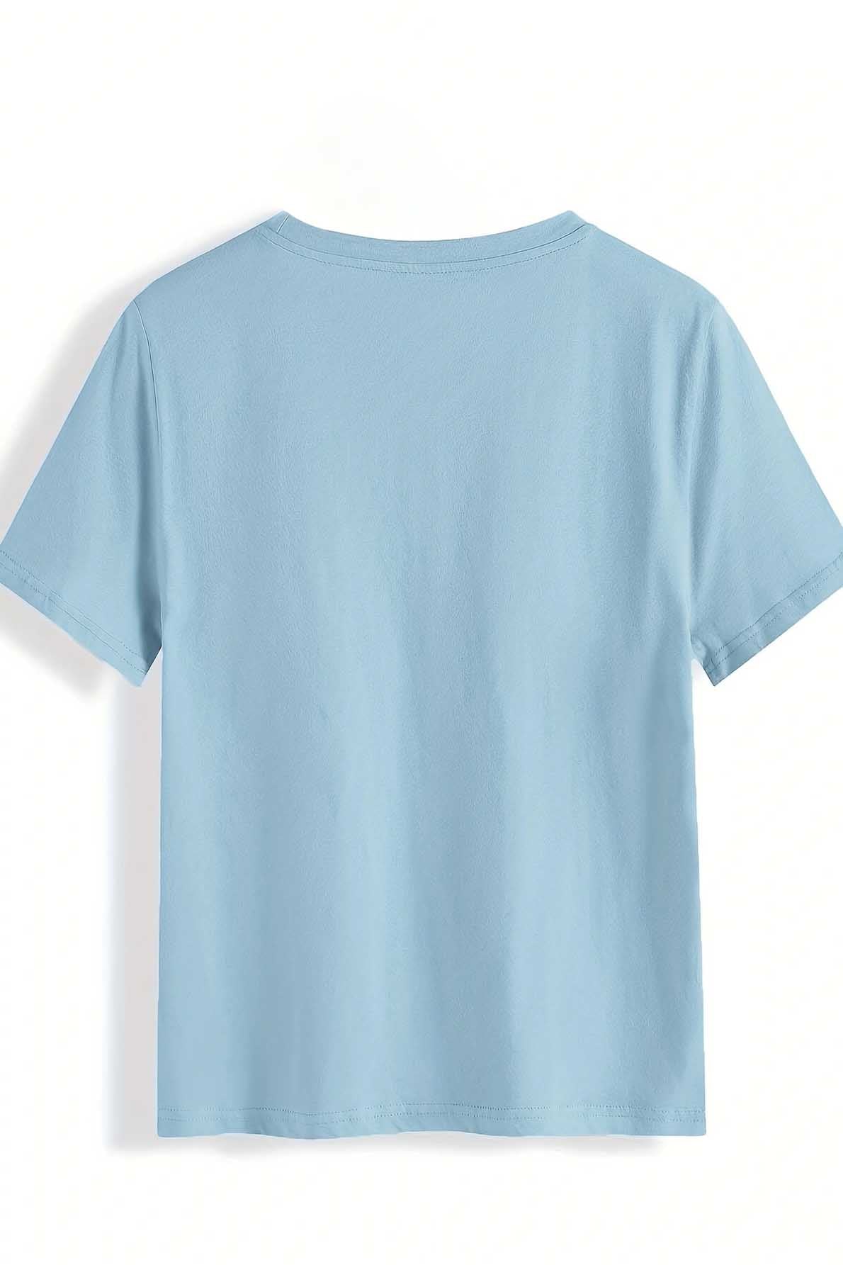 Back view of blue round neck short sleeve T-shirt