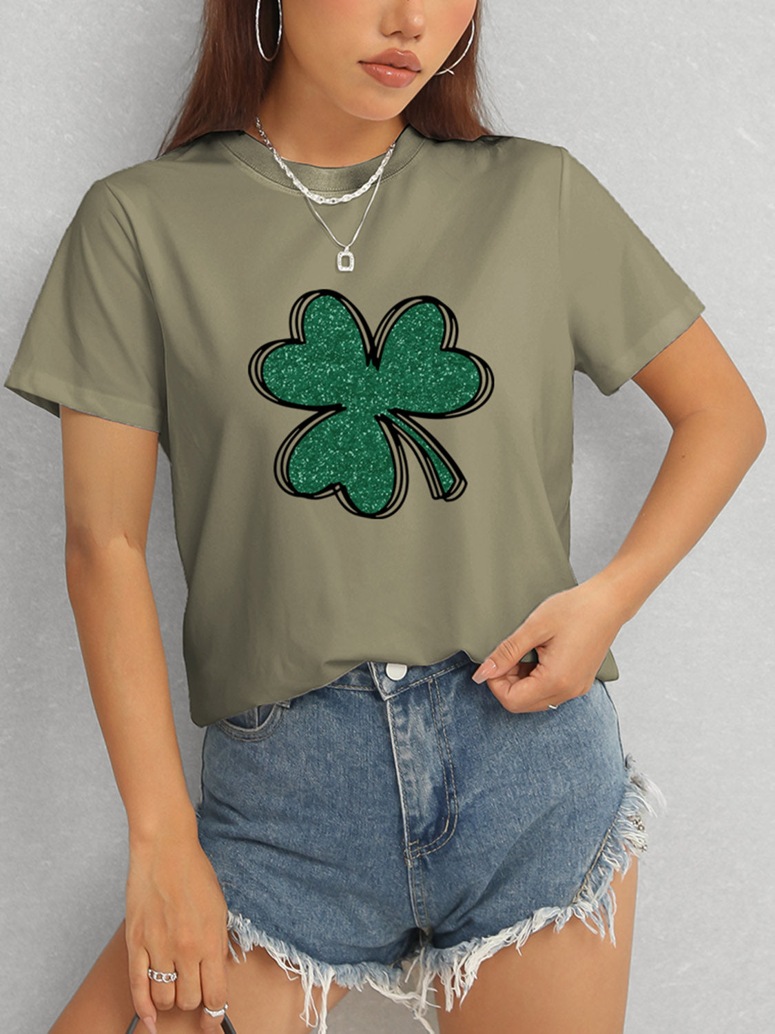 Olive Clover T-Shirt with Denim Shorts