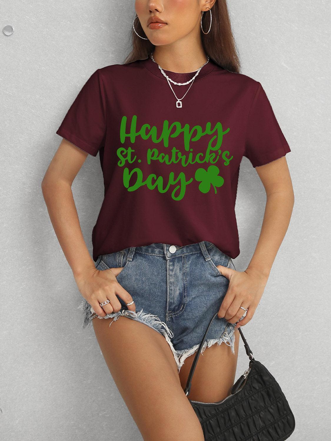 Maroon T-shirt styled for St. Patrick&