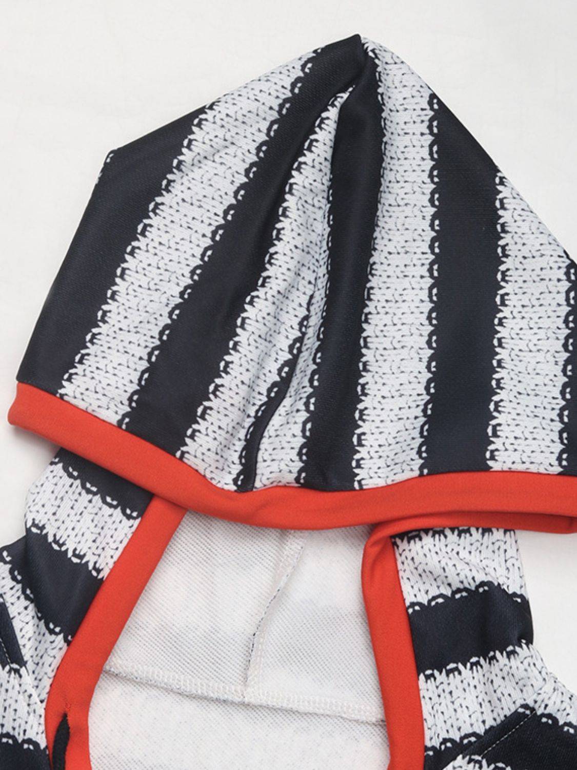 Close-up of Perfee hoodie hood with stripes