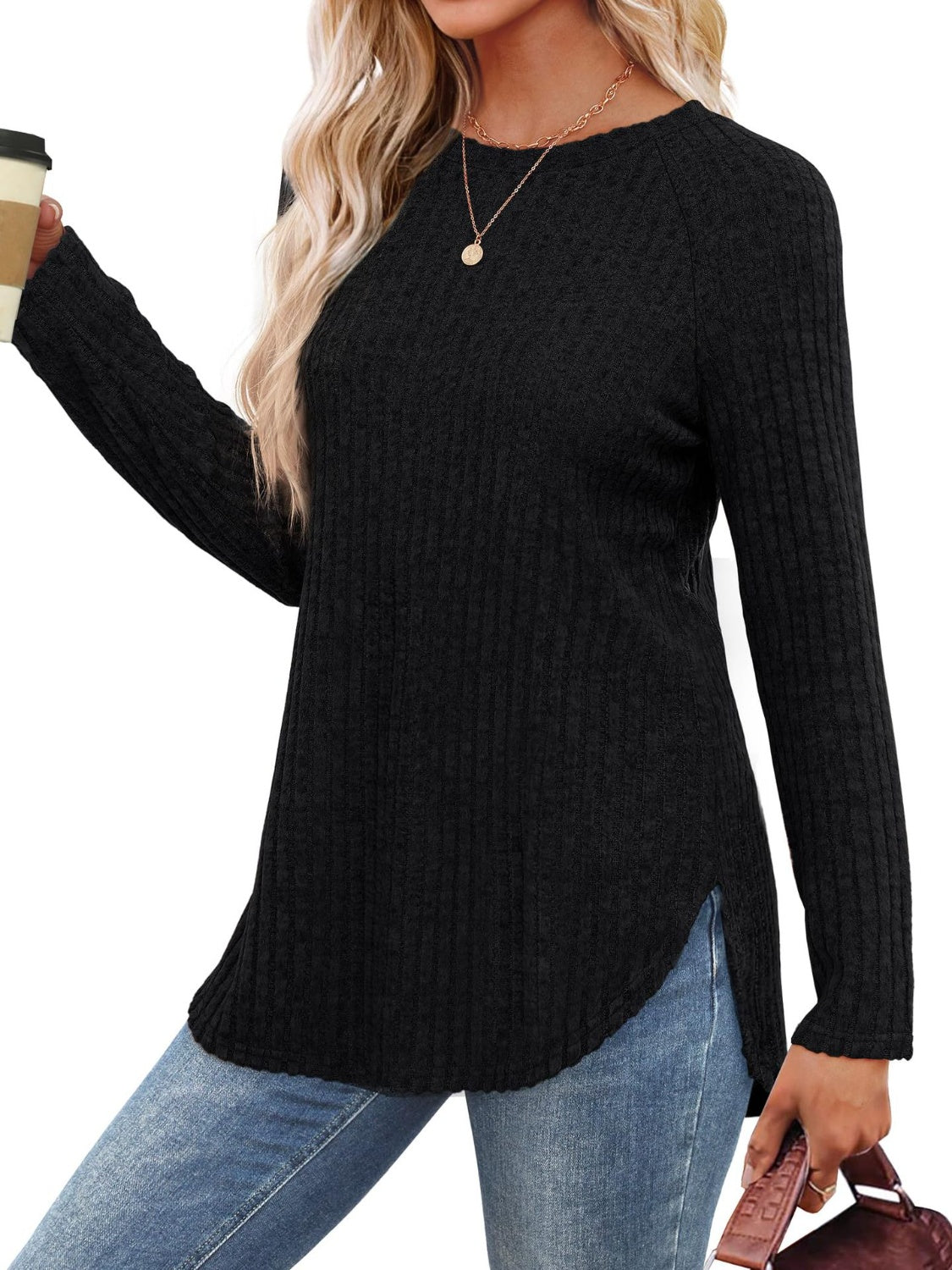 Black ribbed round neck raglan sleeve t-shirt with coffee