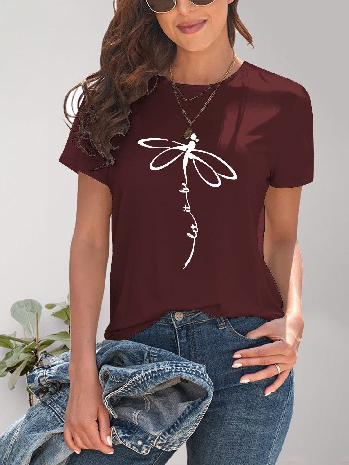 Burgundy dragonfly graphic t-shirt with casual style