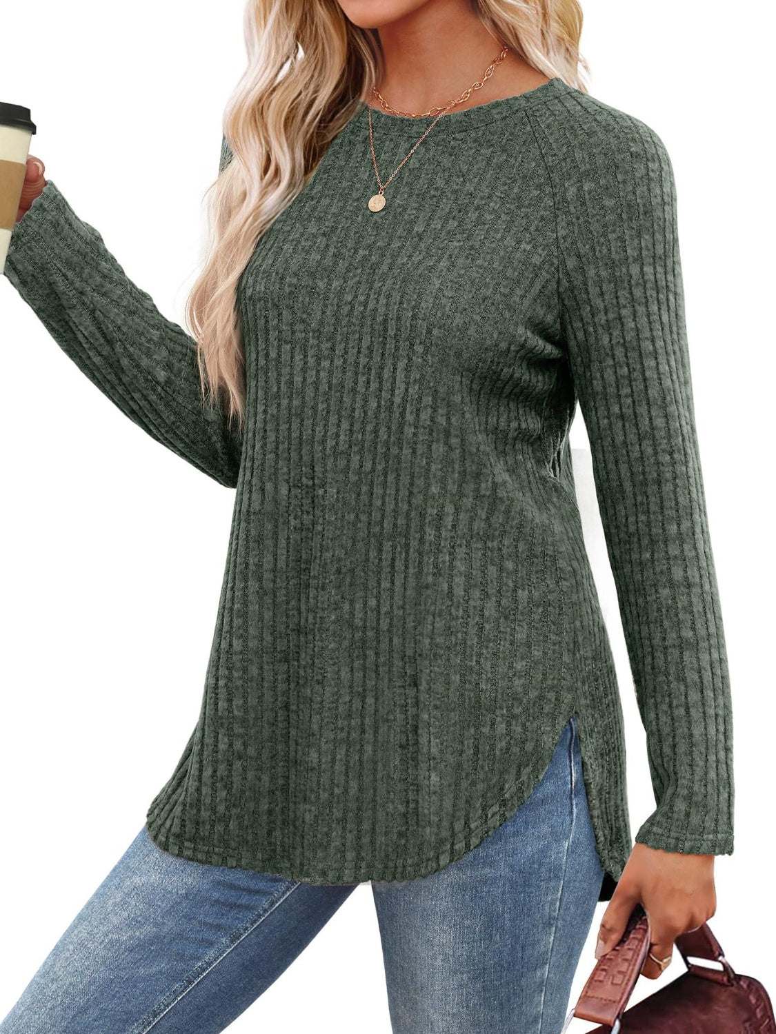 Green ribbed round neck raglan sleeve t-shirt with coffee