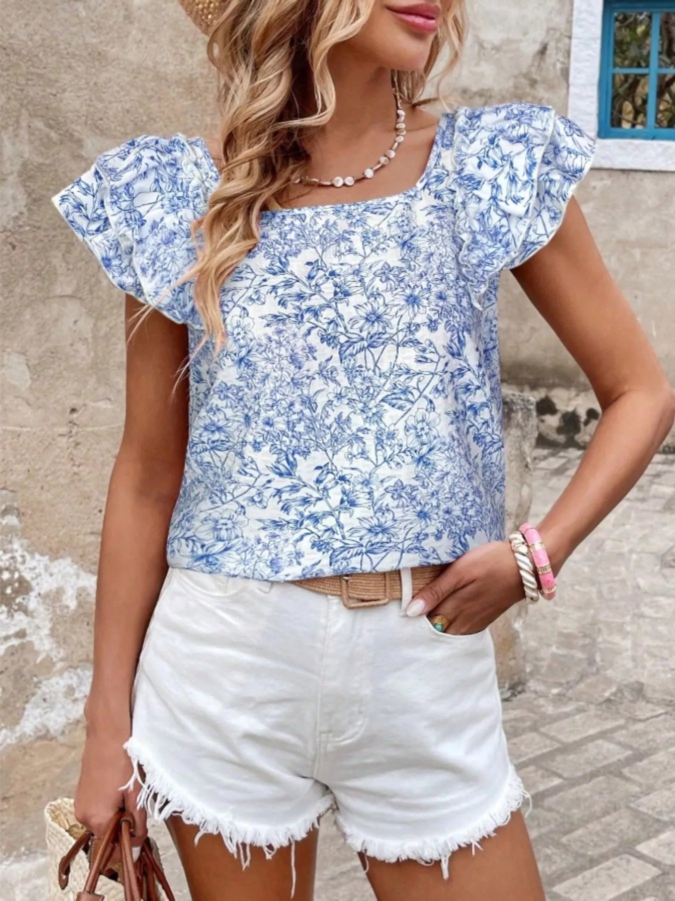 Floral Print Ruffle Trim Blouse