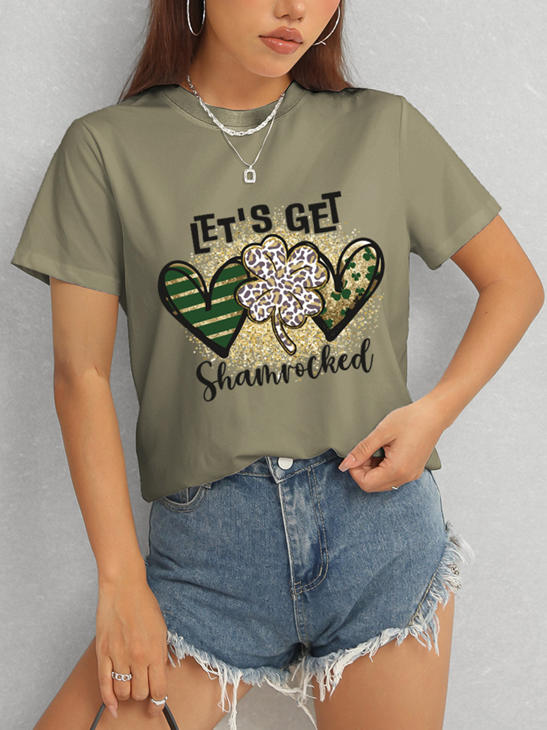Olive Green Shamrock T-Shirt with Denim Shorts