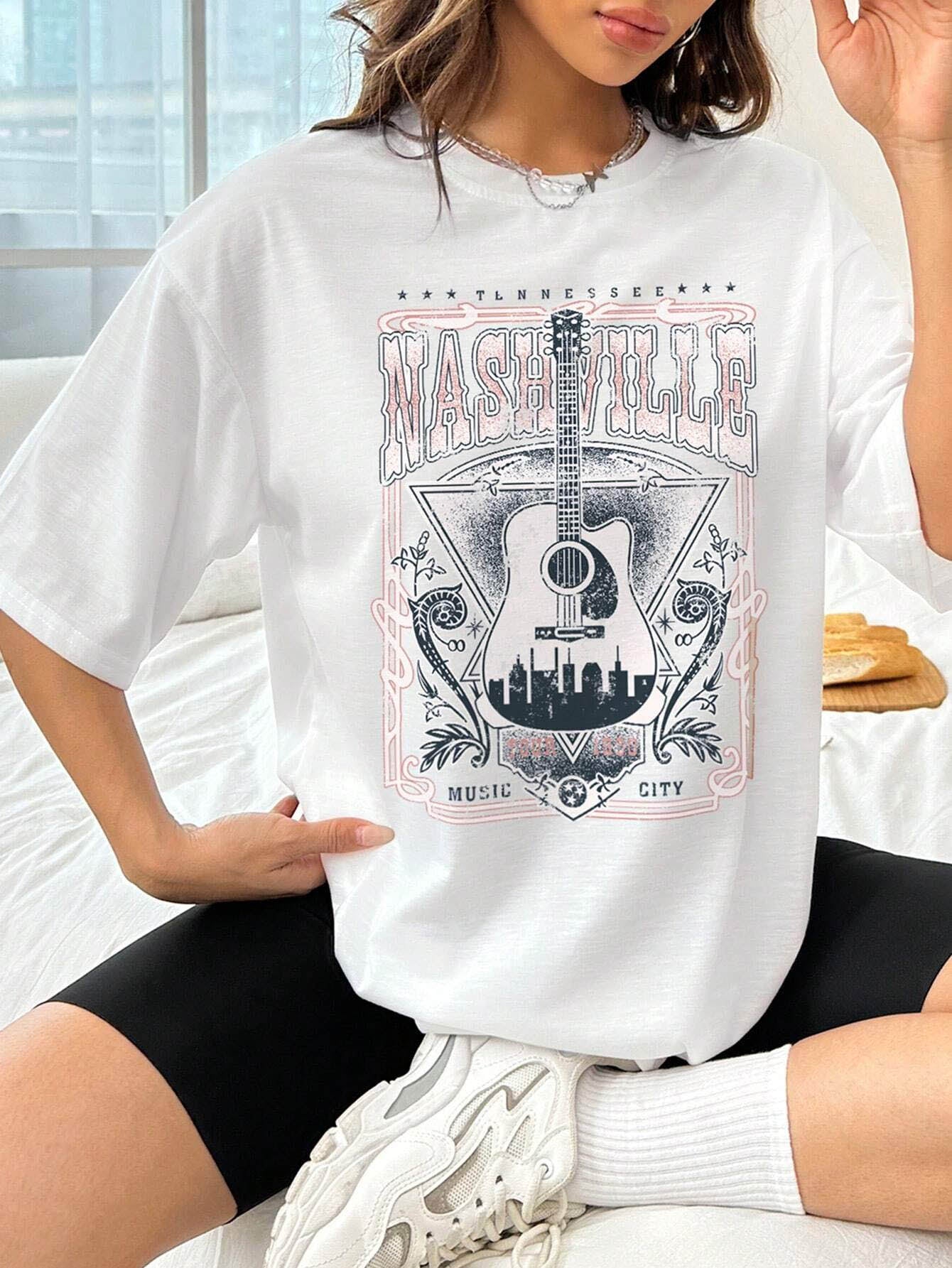 White Nashville guitar graphic round neck t-shirt