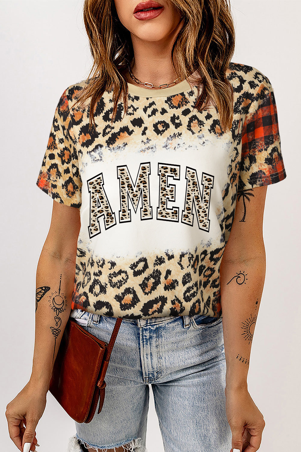 Trendy AMEN t-shirt featuring leopard print and plaid