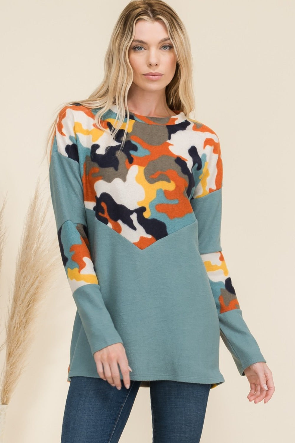 Celeste camo print contrast long sleeve t-shirt front view