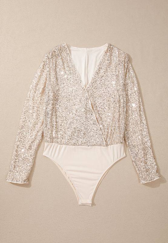 Sequin surplice long sleeve bodysuit laid flat