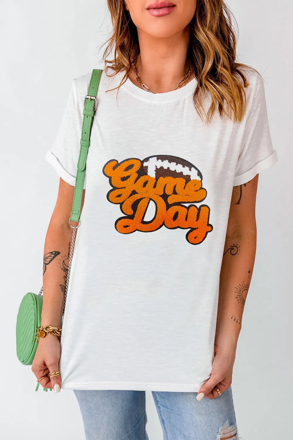 White Game Day T-shirt with football graphic, front view
