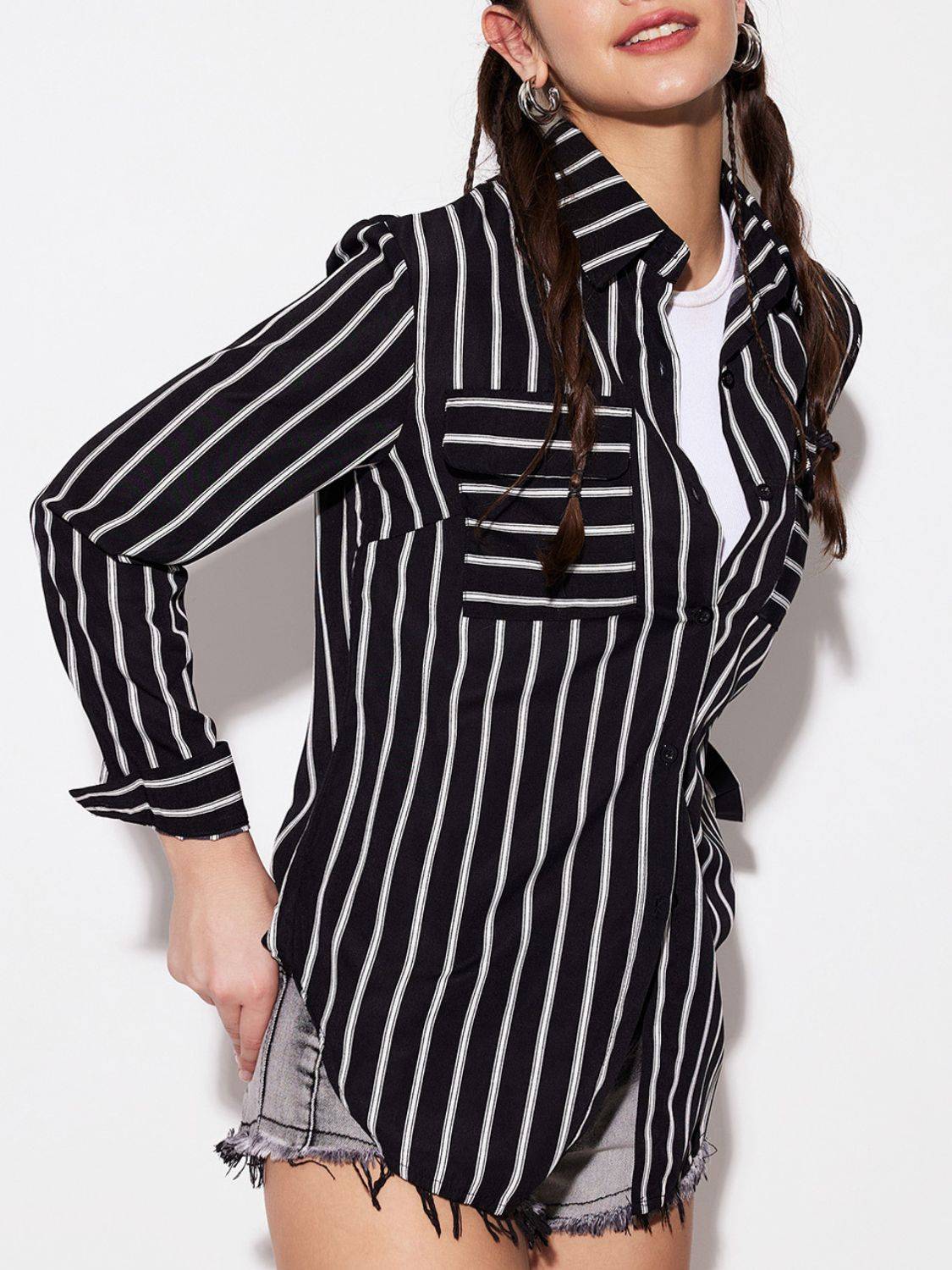 Striped collared neck long sleeve shirt, angled view