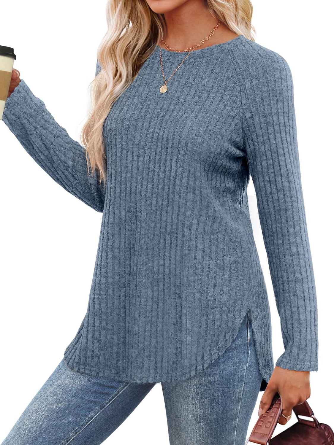 Blue ribbed round neck raglan sleeve t-shirt with coffee
