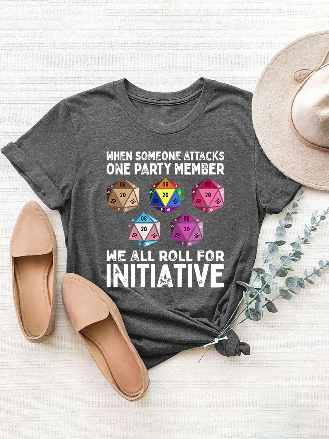 Gray graphic round neck short sleeve T-shirt with dice design
